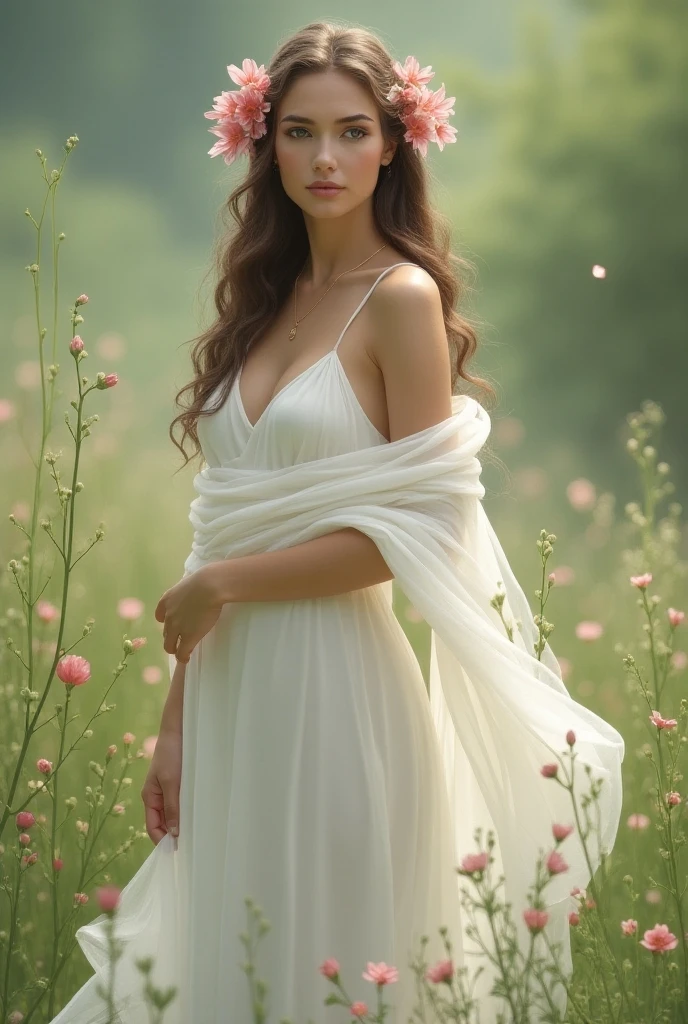 Invisible ethereal goddess, (best quality,4k,highres), glamorous, elegant, graceful, divine, ethereal, long flowing hair, shining golden aura, flawless porcelain skin, piercing radiant eyes, delicate facial features, slender figure, draped in flowing white robes, surrounded by blooming flowers, standing in a lush enchanted garden, soft sunlight filtering through the trees, (realistic) vibrant colors, ethereal lighting, (concept artists) art style.