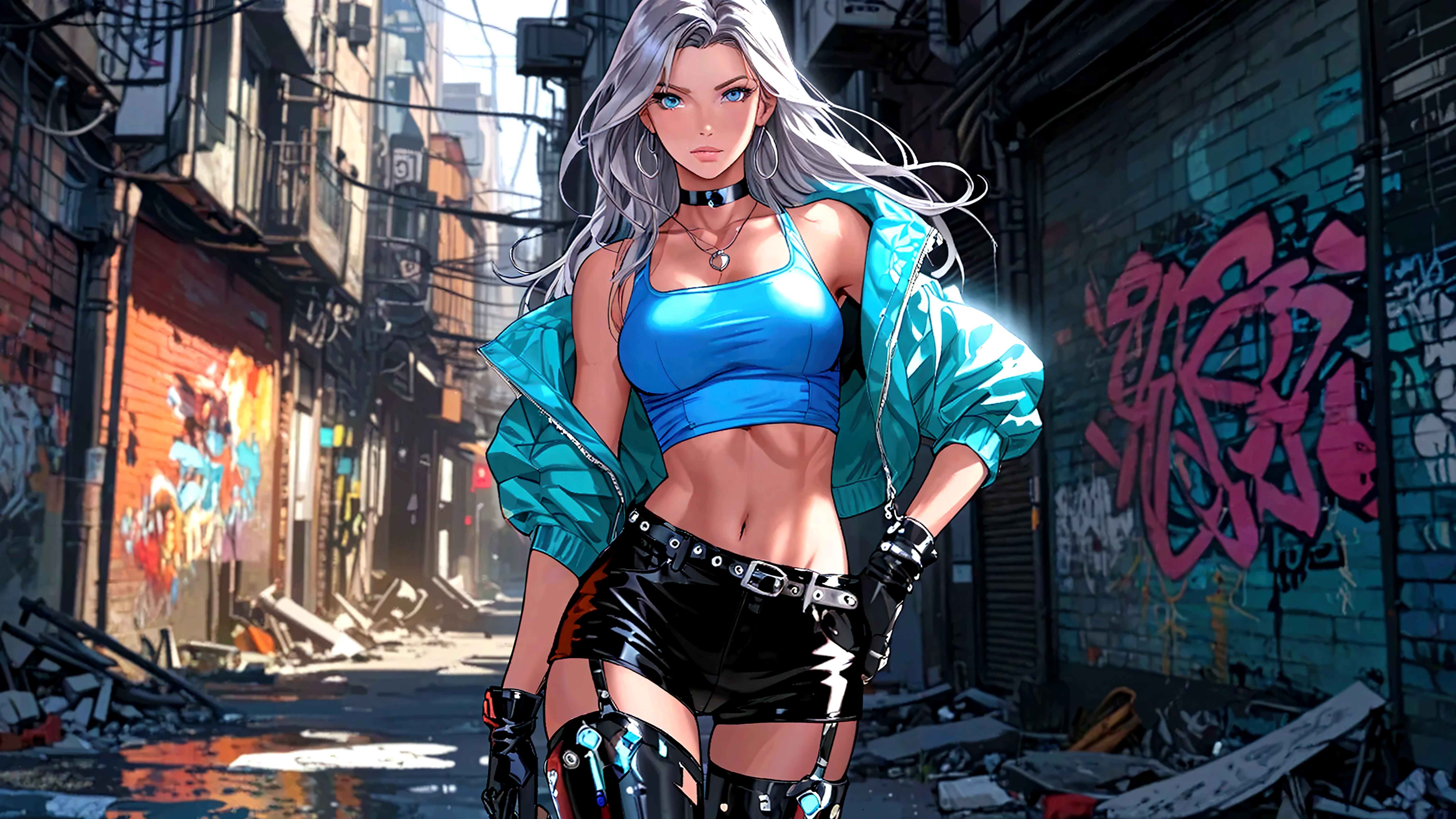 最high quality、best image quality、masterpiece、girl((20-year-old、 By becoming、vest bust、medium bust,wide open breast tea、shining eyes, light blue hair、long hair、thin,highest valley、ponytail、action of looking up、full body bandage、purple and black hoodie、berry shorts)),high quality、beautiful art、background((cyberpunk city))、Flight、debris flies、Depth of written boundary、movie、visual art、perfect art、8k,genuine、