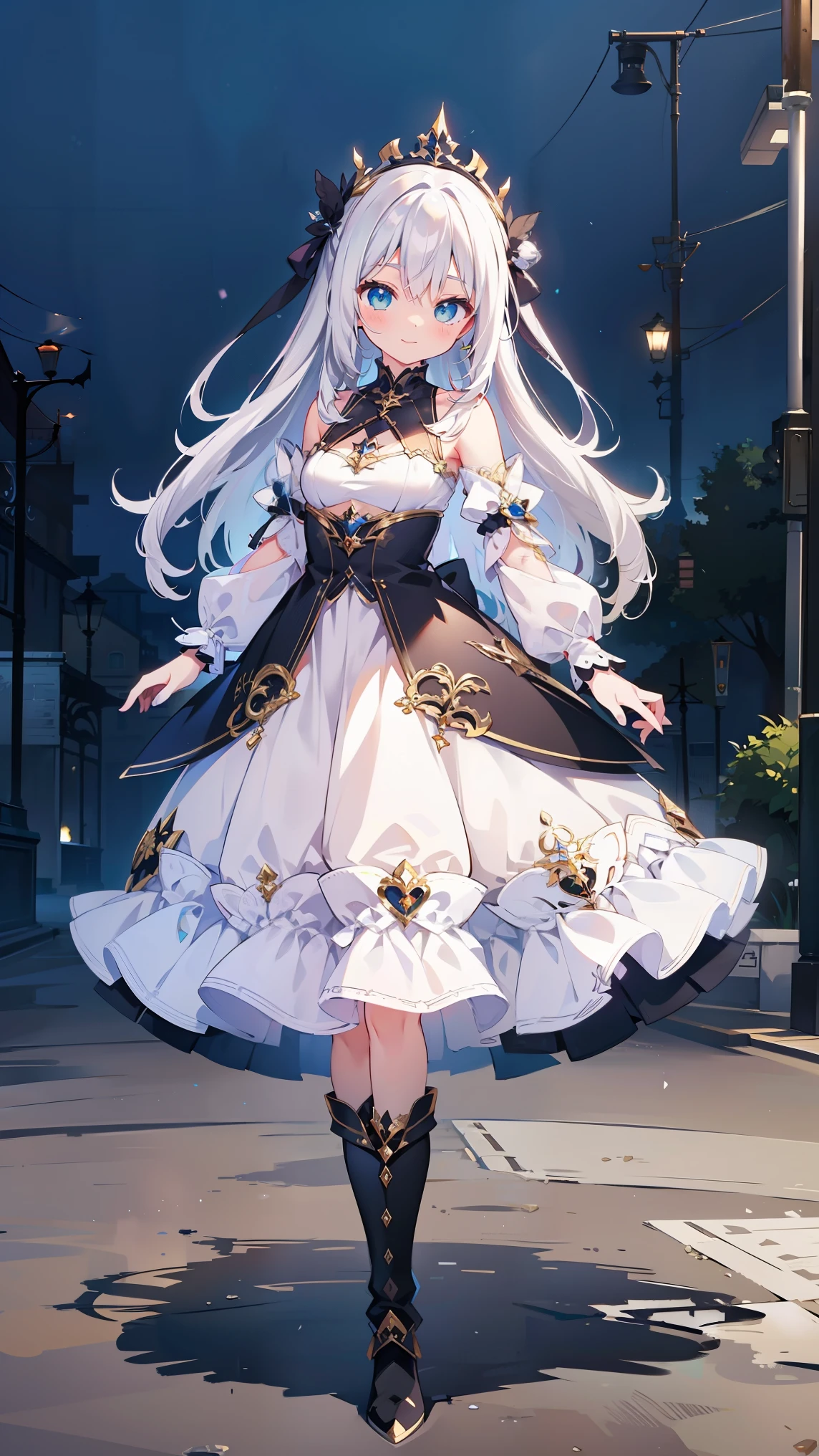 anime style、girl , white gothic dress 、cute、 white hair、smile、 long skirt 、 black boots 、Very cute headband