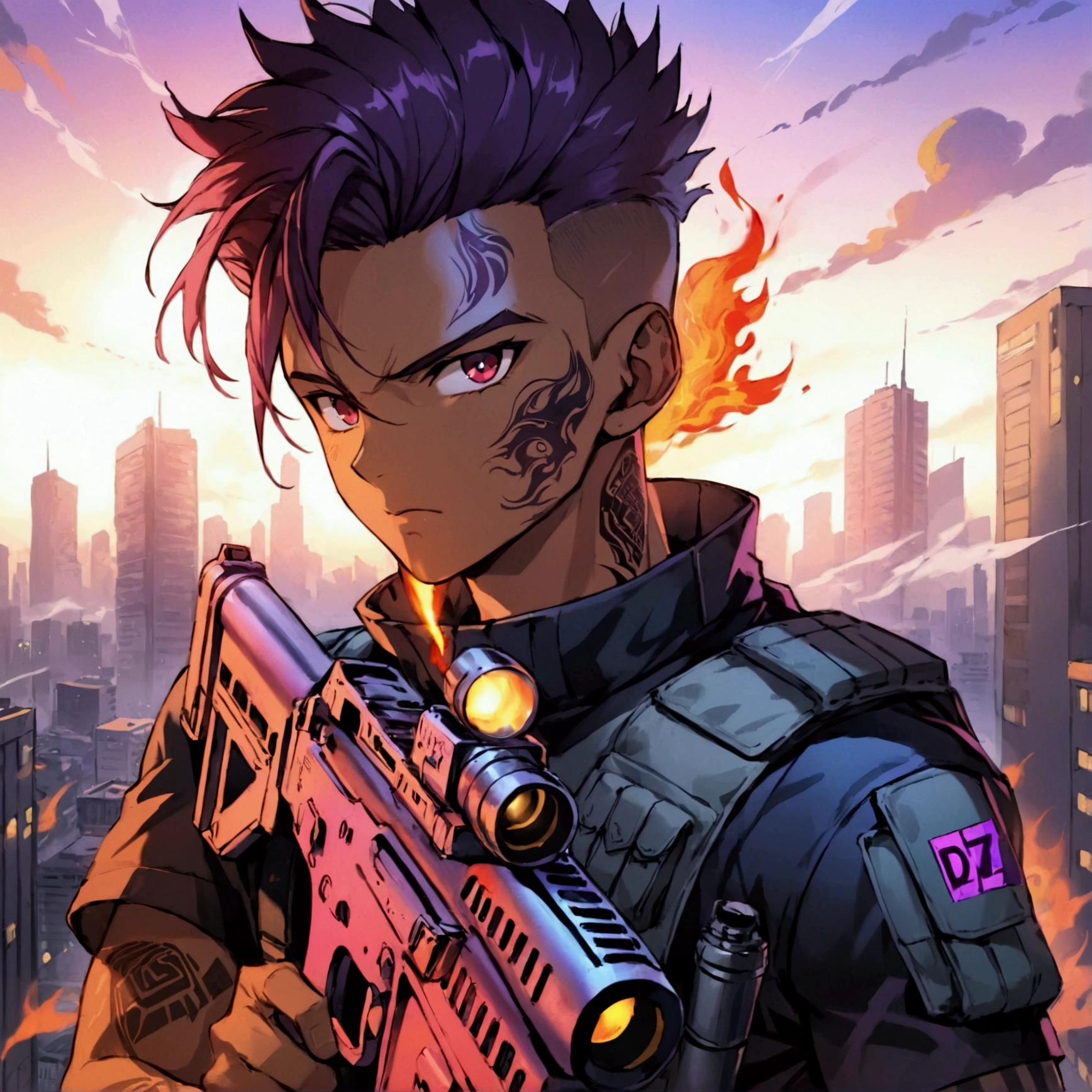 An anime-style character designed with Brazilian aesthetics. The character is a young man with a darker skin tone, short hair and red eyes on fire, exhaling flames. He wears a tactical vest over his outfit, adding a modern combat style. In his hands, he holds a machine gun, written "D7" in pink on the arm. On his neck, the character has a bold tattoo that says "D7", matching perfectly with the tattoos that cover his arms. The background is a futuristic city with a purple sunset, amplifying the character's presence and highlighting the anime's dynamic and modern aesthetic, reminiscent of Call of Duty games