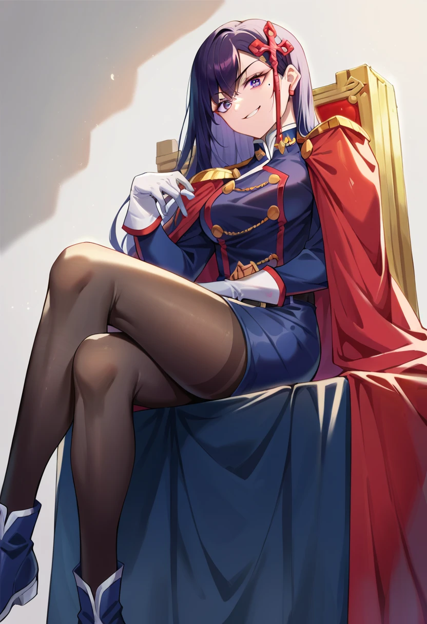 1girl, Alone, Yamashiroren, Long Hair,  Short Bang , Hair accessories, uniform, Epaulettes,  white gloves,  red cloak, belt,  black pantyhose ,  sitting, On the throne,  cross your legs 1 mole below ,  smirking , indoor, 