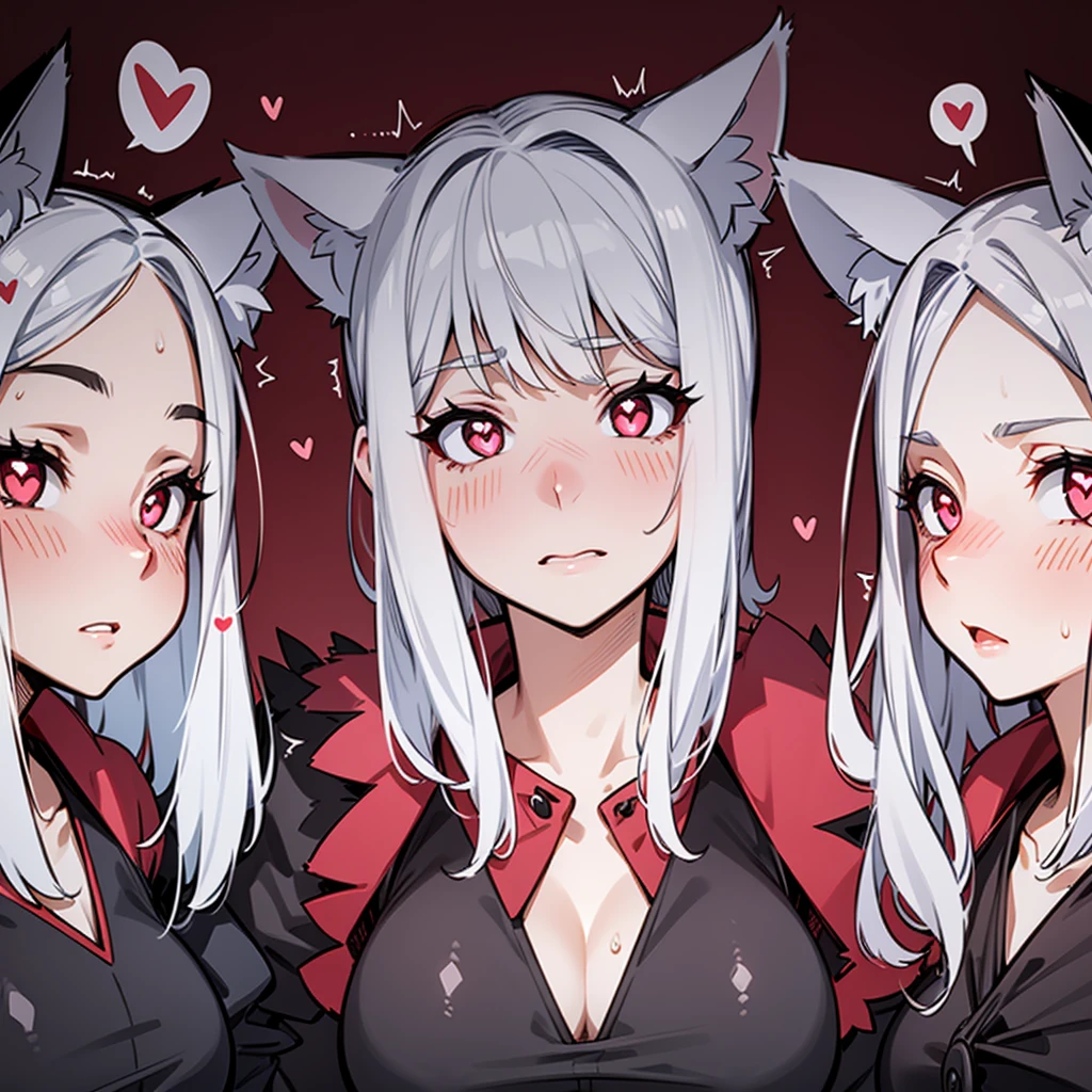 Blush, Rice,  red eyes , detail,  Anatomically correct ,  short hair, straight hair, white hair,  Big breasts ,  Animal ears,  cat ears,  pink eyes ,  embarrassed ,  heart-shaped pupils ,  seen from above, looking at the TV viewer ,  glowing skin as if it were wet ,  bedroom with red bed and common furniture.