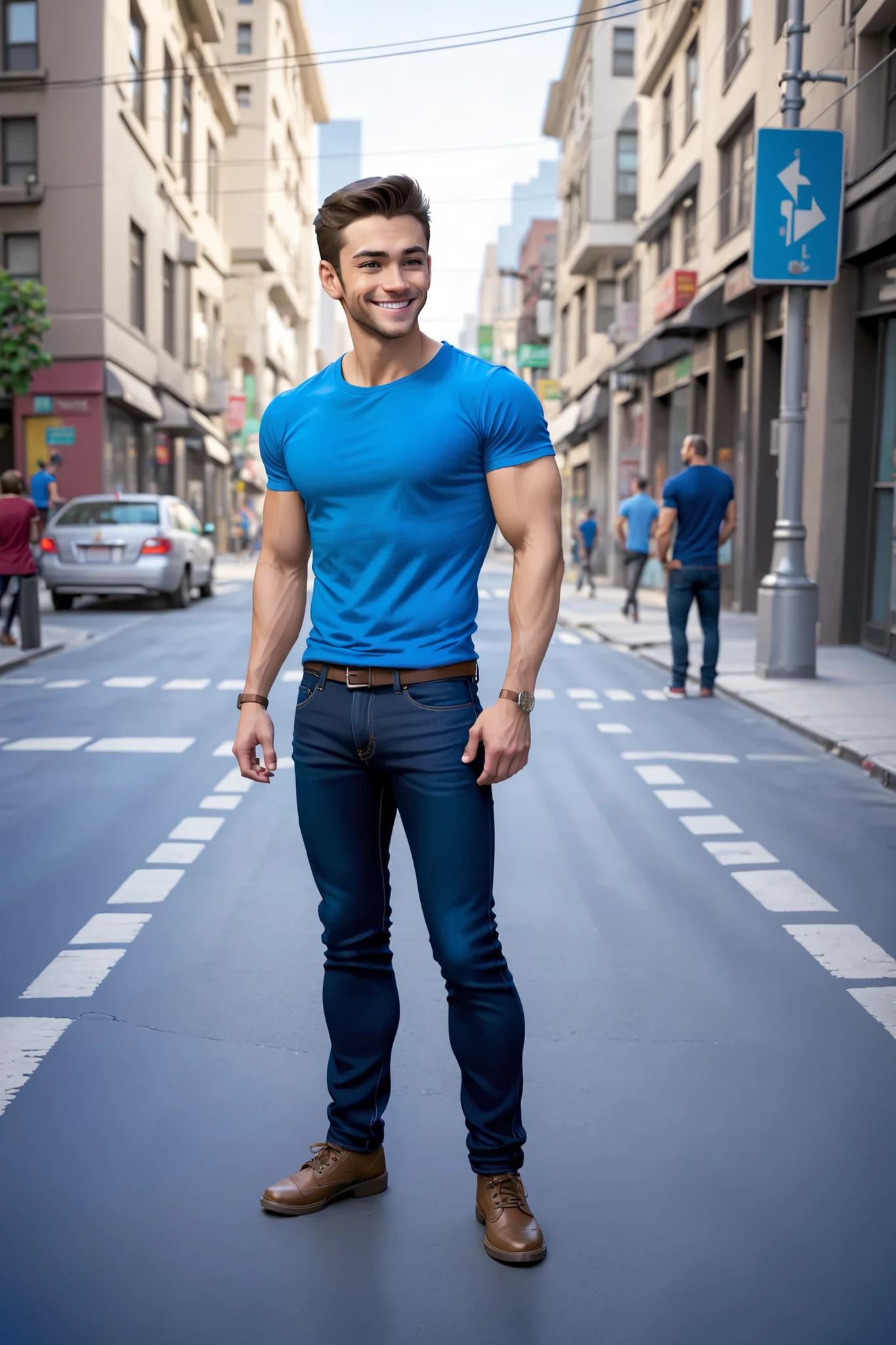 jeans standing on street corner, blue tight T-shirt, arms crossed, blue clothes, awkward smile