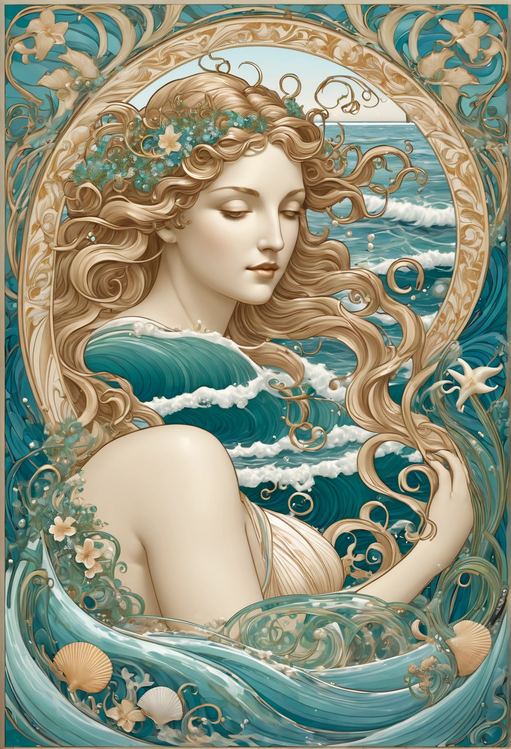  The composition would show Aphrodite emerging from the waves ,  inspired by her birth in Greek mythology .  The waves would be drawn in fluid and curvilinear shapes ,  with scraped into the details to give depth .

 Aphrodite would be surrounded by shells ,  pearls and stylized marine elements , like starfish and algae ,  all incorporated into the Art Nouveau style .  Your hair would flow as if it were integrated into the waves ,  creating a natural transition between the elements .

 The background could have ornaments similar to Renaissance frames,  with botanical details and smooth geometric lines . If you want,  we can add other mythological elements ,  like doves or a waxing moon .






