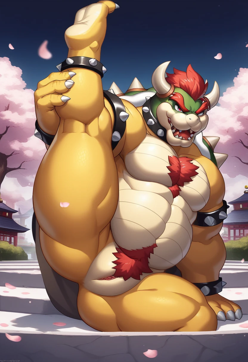 masterpiece, best quality,kemono,  anthro  (Bowser), male, (Bowser),middle aged, ((Vertical split slit in the crotch)),Chinese Building,Majestic, chest hair,confident,strong,cherry blossoms, cherry blossomsの花 葉, Outdoor,  Dynamic Angles , depth of field, correct anatomy , The right move,, high definition , dim ,Plump,Dark shadows, light against 暗い, Movie-like ,  Dramatic Light , wide dynamic range,  high definition r, Dark Places:1.2, by Pino Daeni, ( by Luadri ), by virtyalfobo，( splash, Spill,  petals((body)),  Stud earrings,  (Insect&#39;s Eyes),, close-up,   legs,( Warm Eye View ),sit