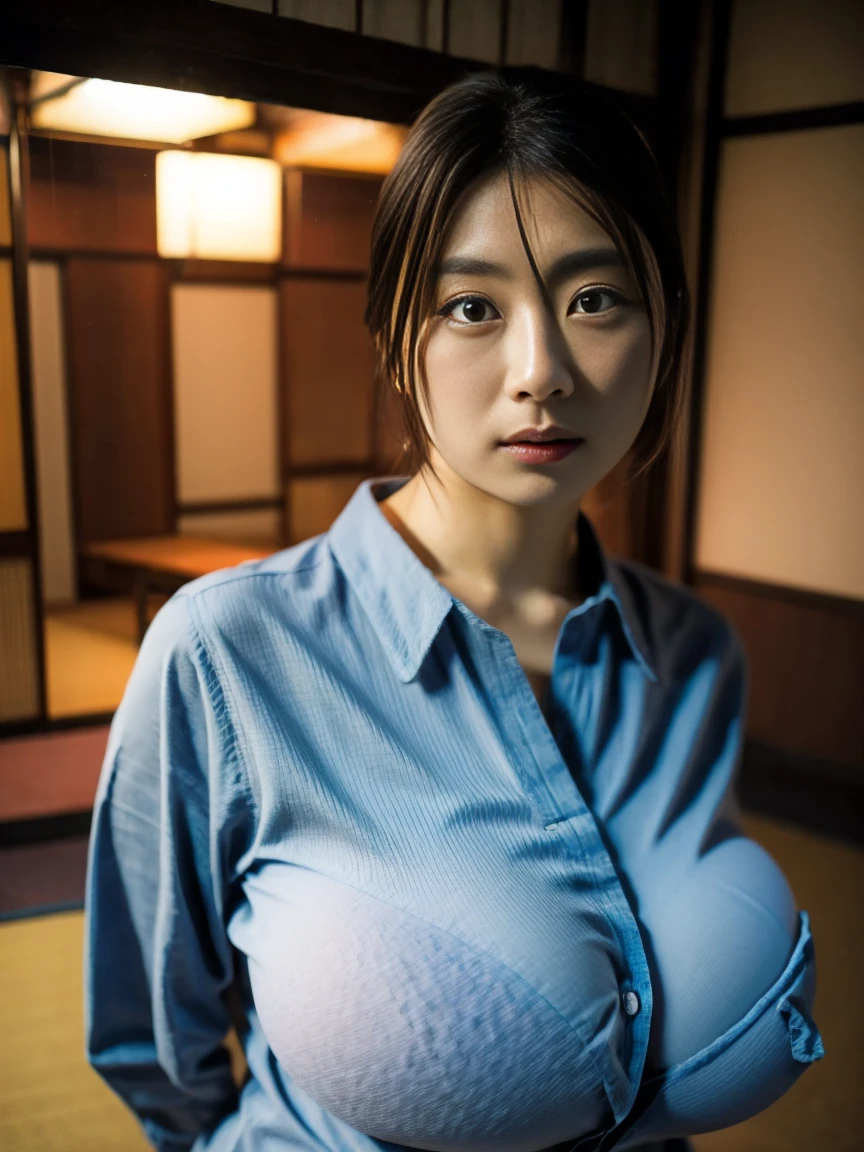 8K, highest quality,Ultra-high resolution, Real Stick, (Photorealistic: 1.5), Japanese Girls, ****************, (Huge breasts:2.09),Firm breasts,(Small face:0.1),(Short neck:0.1),(Light blue shirt),Private house,tatami,Japanese-style room,Abandoned house,Glaring in confusion,short hair,