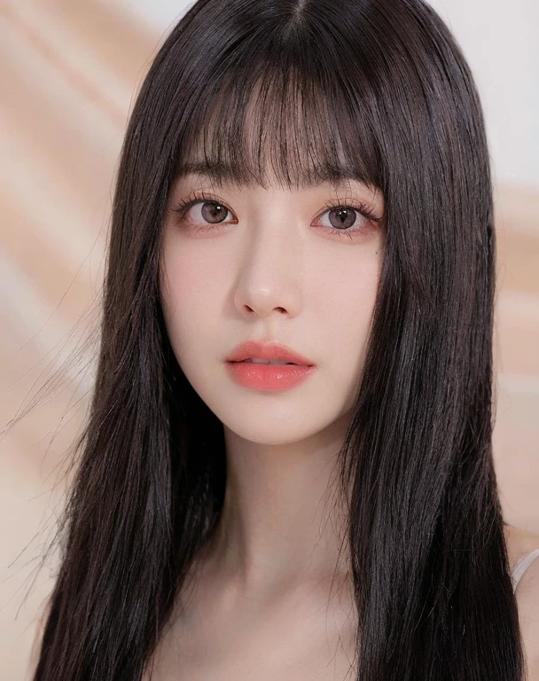 1girl,  (8k, best quality, masterpiece), utra realistic, ultra-detailed, Medium length hair, dark brown hair, The background is simple and clean, korean girl, beautiful girl, detailed teeth, detailed eyes, natural skin texture, glossy lips, cherry lips colored, round eyes, double eyelid, youthful face, soft straight bangs, brown eyes, brown hair, utra realistic, casual chic clothing, perfect nose, small nose, fine nose