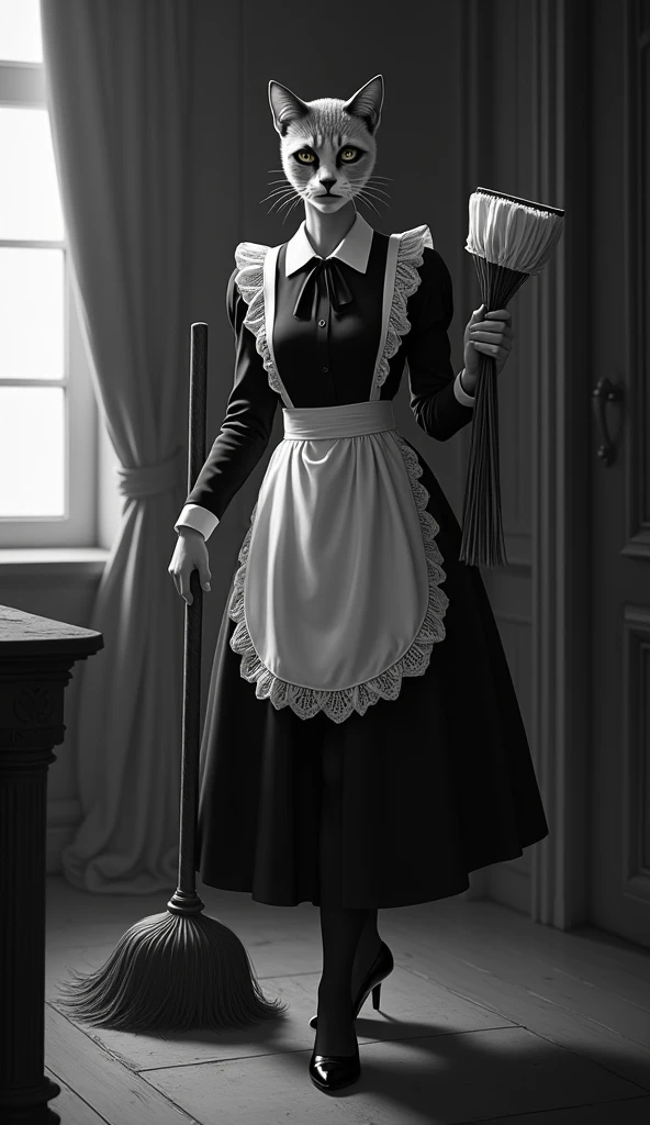 Female servant in black and white suit with lace apron , cat-faced with a cleaner and a mop and broom