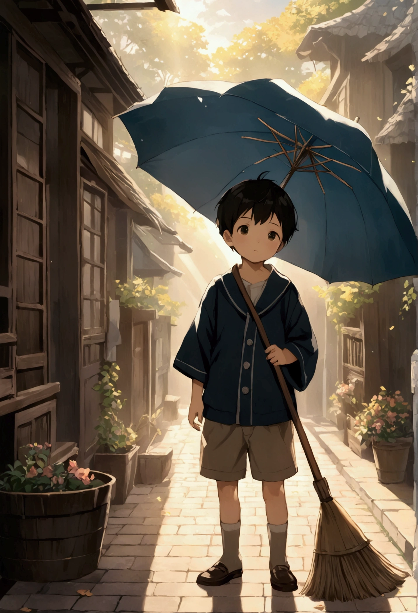 A boy born from a combination of an umbrella and a broom