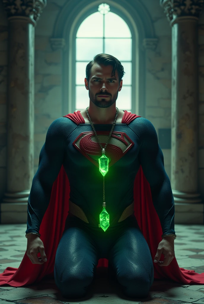 Nicholas Alexander Chavez, attractive European Man, Handsome, blue coloured eyes, short brunette hair, 30 years old, beard, Hands, wearing a classic superman suit, his chest displays the iconic "S" symbol. Superman's traditional red cape is present, attached to the shoulder and flowing behind him , kneeling on the ground in pain, a glowing emerald green crystal pendant hanging from his neck, bound by several chains in the middle of a room. ( 8K, masterpiece, best quality, high resolution, super detail), realistic and detailed skin with imperfections, inside a castle, Haircut, Shadow of six o&#39;clock.