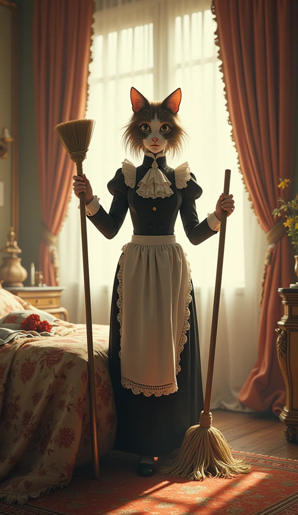 Female servant suit with lace apron , cat-faced with a cleaner and a mop and broom en una recámara mucho detalle luminosa