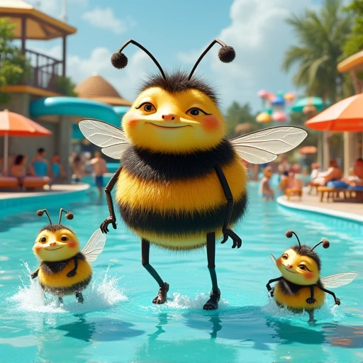 bee with human legs in a water park with friends