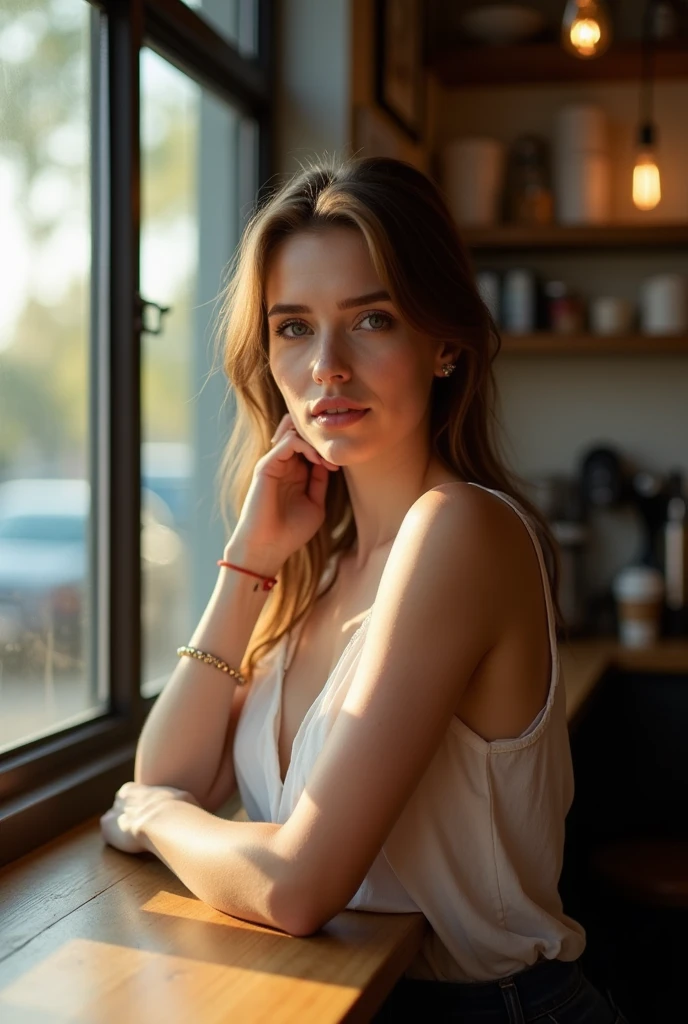 A professional portrait photograph of a gorgeous Norwegian girl in summer clothing with long wavy dark red hair, sultry flirty look, gorgeous symmetrical face, cute natural makeup, wearing elegant summer fashion clothing, sitting in a coffee shop at night, stunning modern urban environment, ultra realistic, concept art, elegant, highly detailed, intricate, sharp focus, depth of field, f/1.8, 85mm, medium shot, mid shot, professionally color graded, bright soft diffused light, volumetric fog, trending on Instagram, HDR 4K, 8K