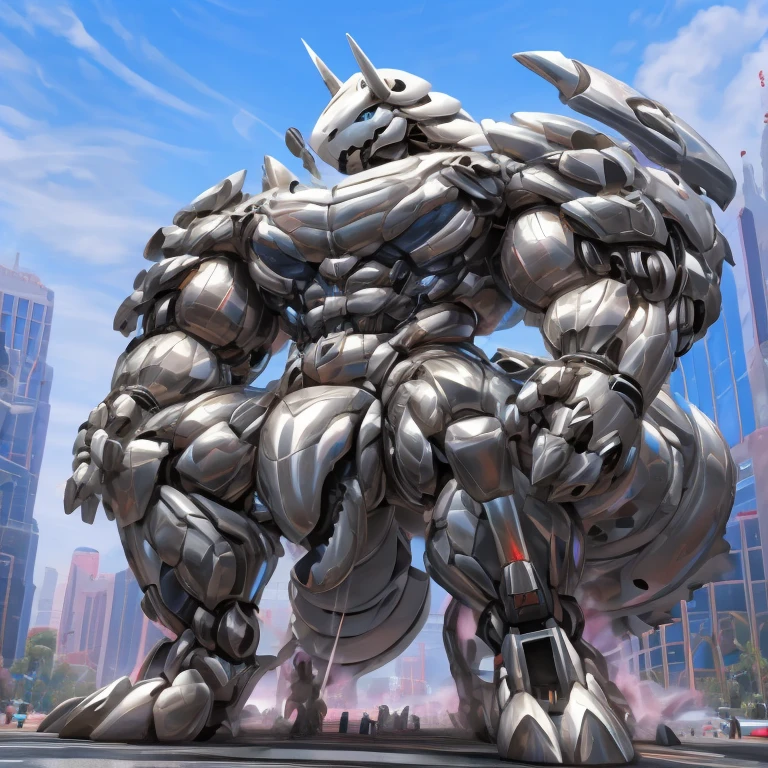 (GIANT mechanical Aggron rampage through a city, crushing buildings beneath their unstoppable metal frames), (official art, 
best quality, highly detailed) (terrifying and imposing design, 
smoke and flames rising from the destruction in the background, a lone figure)
(high-tech bio-mecha armor, metallic, real texture material) (Aggron, 8K), (gigantic muscles, Gigachad Muscular, big muscle, pecs, triceps, traps, unusually developed muscular body, body full of huge muscles. showing off muscles, pectorales enormes, Exaggeratedly huge muscles.),(Spread wings, It has wings, have big wings, golden wings), (whole body shines like metal, Wearing cyberpunk mecha, emphasizes the muscles, suit fully made of metal, intricate armor, Robotic suit, suit fully made of metal, cyborg), (giant Aggron, Aggron's giant robot, Powered exoskeleton with the same design as Aggron), (Masterpiece, highres) (Detailed head, Detailed Body, Detailed abs, full body), (black color hyper penis, hyper black penis), Fight against humanity.(body promoted, seen interacting with its surroundings, as large as a building, in the middle of a city, macro, (Low-angle perspective, emphasizing the immense size))