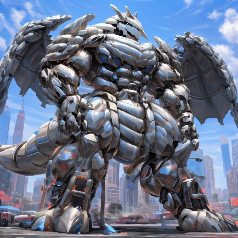 (GIANT mechanical Aggron rampage through a city, crushing buildings beneath their unstoppable metal frames), (official art, 
best quality, highly detailed) (terrifying and imposing design, 
smoke and flames rising from the destruction in the background, a lone figure)
(high-tech bio-mecha armor, metallic, real texture material) (Aggron, 8K), (gigantic muscles, Gigachad Muscular, big muscle, pecs, triceps, traps, unusually developed muscular body, body full of huge muscles. showing off muscles, pectorales enormes, Exaggeratedly huge muscles.),(Spread wings, It has wings, have big wings, golden wings), (whole body shines like metal, Wearing cyberpunk mecha, emphasizes the muscles, suit fully made of metal, intricate armor, Robotic suit, suit fully made of metal, cyborg), (giant Aggron, Aggron's giant robot, Powered exoskeleton with the same design as Aggron), (Masterpiece, highres) (Detailed head, Detailed Body, Detailed abs, full body), (black color hyper penis, hyper black penis), Fight against humanity.(body promoted, seen interacting with its surroundings, as large as a building, in the middle of a city, macro, (Low-angle perspective, emphasizing the immense size))