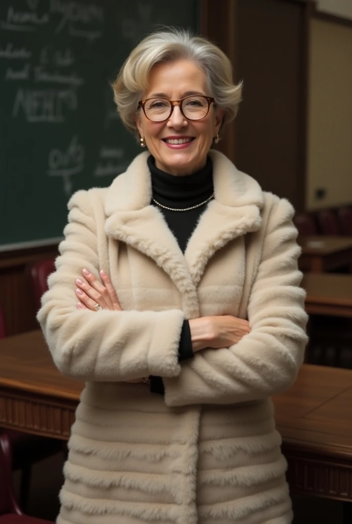 60-year-old Woman Caucasian Blonde Latex pants Fur sweater Classroom