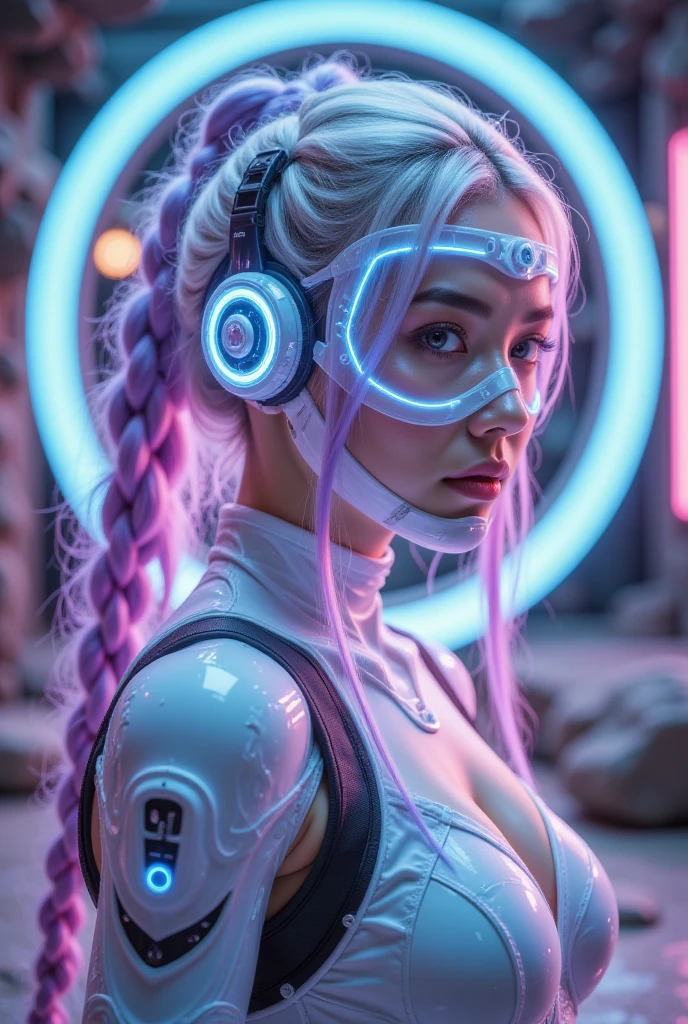 1 female fighter  ,( Wear a full coverage tech-punk mask:1.5),( transparent holographic helmet :1.2),Robotic Arm,Detailed close-up of faces, summon circle cave ,Futurism,projection holographic display, blue holographic halo Laggador &#39;SRING,  wrapped around a holographic ribbon ，Fluorescent light , Special Effects,3D Art,3D Rendering, Octan Rendering, unreal engine,Hyperrealism, Rich background ,  realistic details ,  detailed depiction ,细节. HD, White and purple gradient hair color, ( 150 cm of braided hair  :1.4)