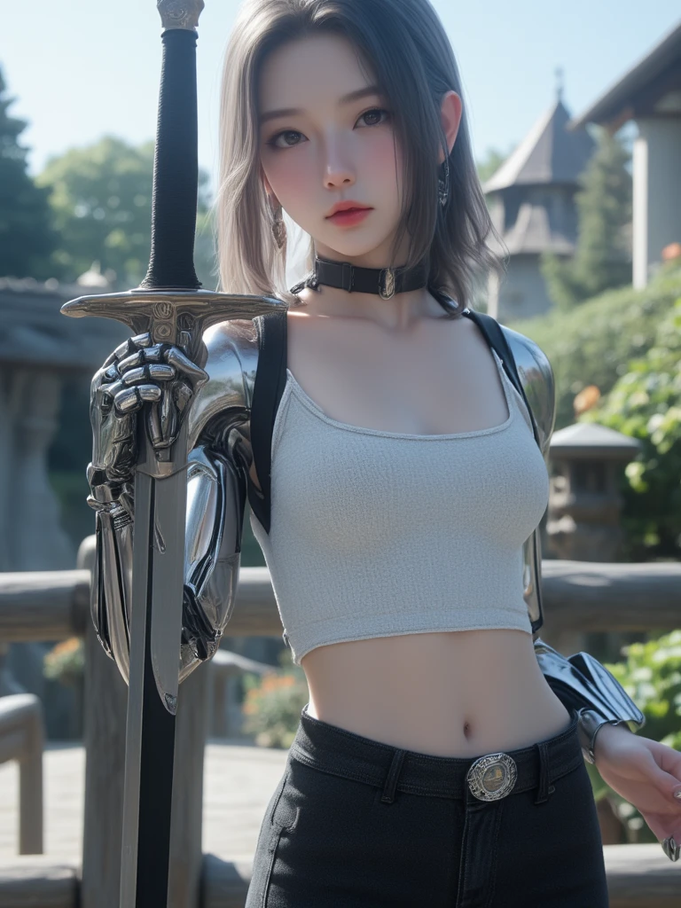 High definition Photography, Beautiful face young japaness, beautiful chests, pale skin, cybernetic left eye, robotic arm, silver hand, pretty tanktop, skinny pants, Prosthetic part and cyberware, with great sword at medival camp,