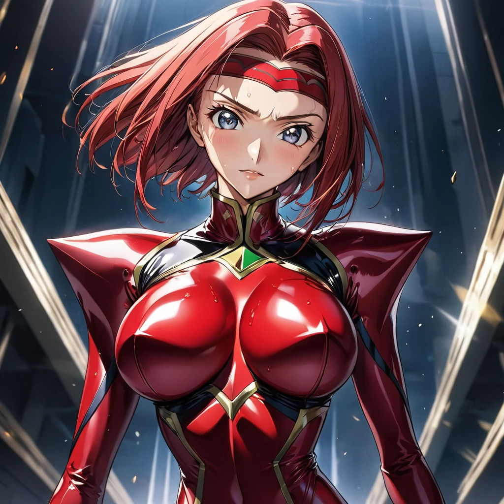 masterpiece, Best Quality, High resolution,16k,official art,super detailed skin,detailed,animated painting,(Karen Kouzuki),(Code Geass),1990s \(style\),Beautiful C-cup breasts、: ,Sweat all over、Muscular,,solo,Anime-style painting style, Redhead,Short Hair、Red hair band on forehead,Red bodysuit,(Cool face)、(Pointed Eyes),Composition focusing on the fullr body,Cinematic lighting,Superfine,magnificent view