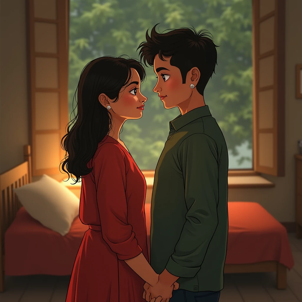 A girl at distance looking at a boy, they are asian, girl wear salwar kamij, and boy t-shirt and pant,they are in a boy room where there is a bed, a lamp, a reading table where job boos kept, the girl is crying, they are like human