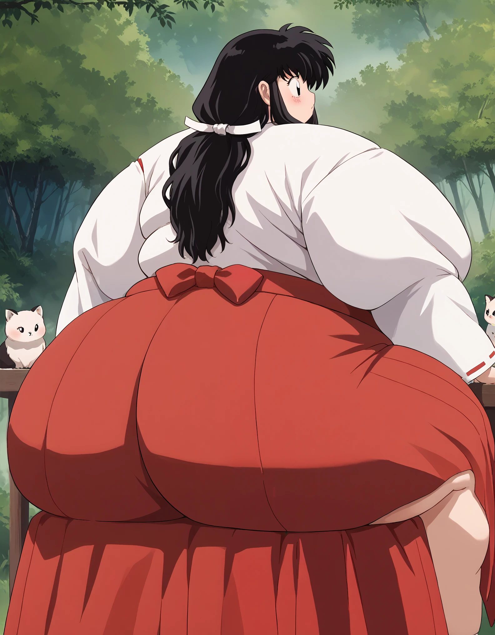 score_9, score_8_up, score_7_up, source_anime,
kagomehigurashi, long hair, black hair, retro artstyle, black eyes, blush,
 skirt, long sleeves, japanese clothes, hakama, hakama skirt, miko, red hakama, 
outdoors, forest, nature,
looking at backside,  fat, chubby, obese, gigantic arms and legs,   perfect quality, detailed face, sitting on a chair, huge ass