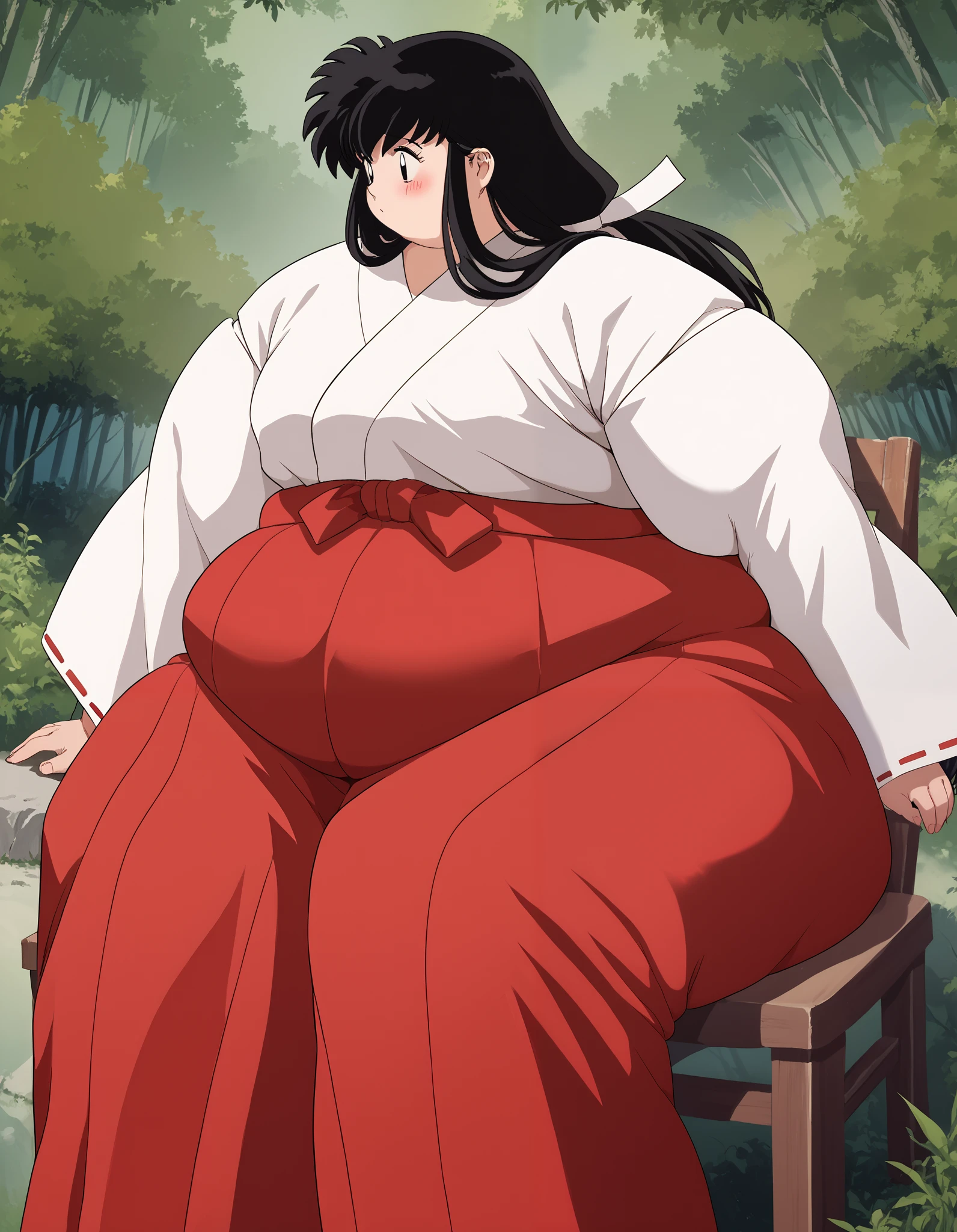 score_9, score_8_up, score_7_up, source_anime,
kagomehigurashi, long hair, black hair, retro artstyle, black eyes, blush,
 skirt, long sleeves, japanese clothes, hakama, hakama skirt, miko, red hakama, 
outdoors, forest, nature,
looking at backside,  fat, chubby, obese, gigantic arms and legs,   perfect quality, detailed face, sitting on a chair, huge ass