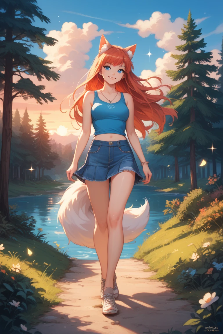 detailed, (masterpiece, ultra high res:1.1), (chibi:0.8), high quality, best quality, solo, 1girl, from side, sitting in a field, cute, unique pose, 
<lora:zoologistlora3:1>, zoologist, red hair, long hair, fox ears, dark skin, blue eyes, hd eyes, detailed nose, detailed mouth, smile,
green shirt, midrff, spaghetti strap, ribbed tank top, fur trim, blue shorts, brown boots, 
blue sky, detailed grass, wind, dandelions,