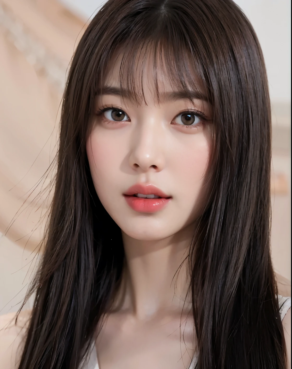 1girl,  (8k, best quality, masterpiece), utra realistic, ultra-detailed, Medium length hair, dark brown hair, modern background and clean, korean girl, beautiful girl, detailed teeth, detailed eyes, natural skin texture, glossy lips, cherry lips colored, round eyes, double eyelid, youthful face, straight bangs, brown eyes, brown hair, utra realistic, casual chic clothing, perfect nose, small nose, fine nose, rounded eyes, delicate face, normal expression 