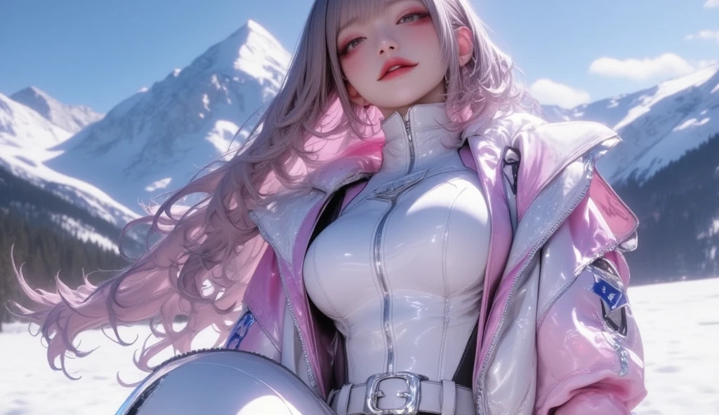 (RAW photo, best quality, masterpiece:1.2), (realistic, photo-realistic:1.4),(masterpiece:1.4),(best quality:1.4),1girl, solo, :d, animal ear headphones, animal ears, arms up, bangs, blush, bodysuit, breasts, bunny pose, clothes writing, covered navel, cowboy shot, cropped jacket, fake animal ears, gloves, outdoor,morning,snow, hair intakes, headphones, impossible bodysuit, impossible clothes, jacket, large breasts, latex, latex bodysuit, long hair, long sleeves, looking at viewer, large breasts, multicolored gloves, open mouth, pink bodysuit, pink eyes, red eyes, red jacket, shiny clothes, shrug \(clothing\), sidelocks, skin tight, smile, thigh gap, thighs, twintails, very long hair, white gloves, white hair,alice \(nikke\),(shiny skin),realistic,