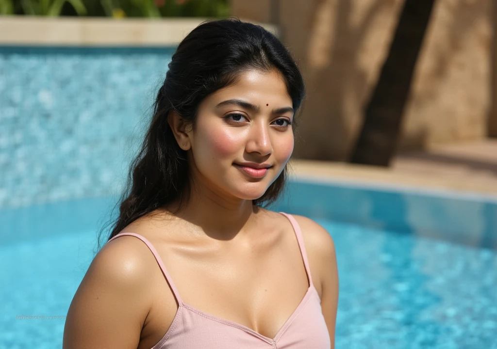 "Generate an image of a woman standing in a crystal-clear swimming pool with the water level just below her waist. She has long, straight black hair that cascades gently down her back. Her expression is calm and confident, and she wears a stylish, simple swimsuit in a soft color, complementing the water’s vibrant blue. The sunlight filters through the water, casting soft reflections on her skin, while gentle ripples create a serene atmosphere. The pool’s surroundings include modern tiles and a few lush plants, evoking a tranquil, refreshing vibe with realistic water effects and lighting."