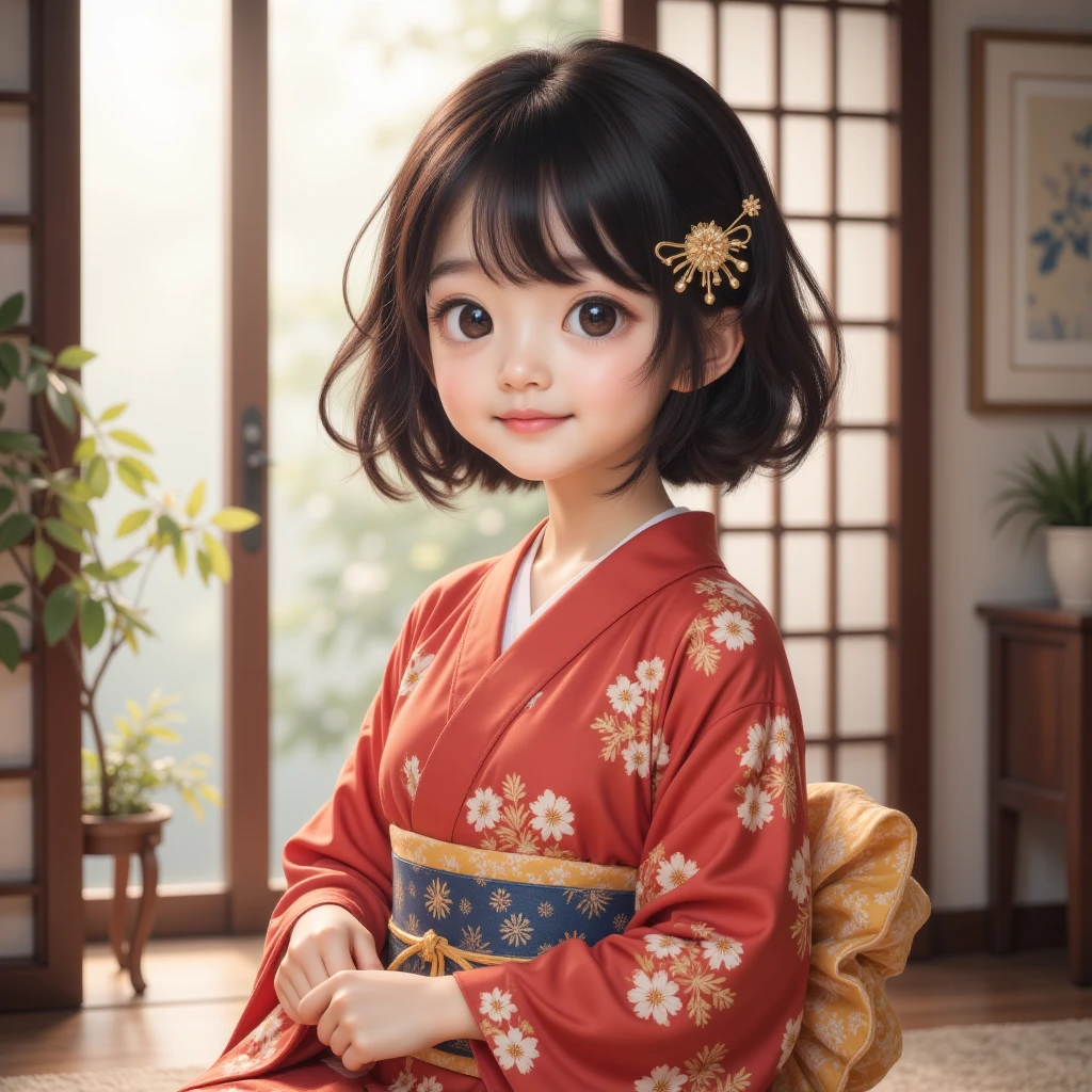 (Exquisite， excellent quality illustration:1.2), (Kawaii girl:1.0), ( 1 girl at home, solitary:1.0), ( short black hair :1.0), ( Red Kimono, Mahogany texture :1.0), ( Smile:0.6), ( upper body:1.0), ( extremely detailed,  high resolution:1.0),