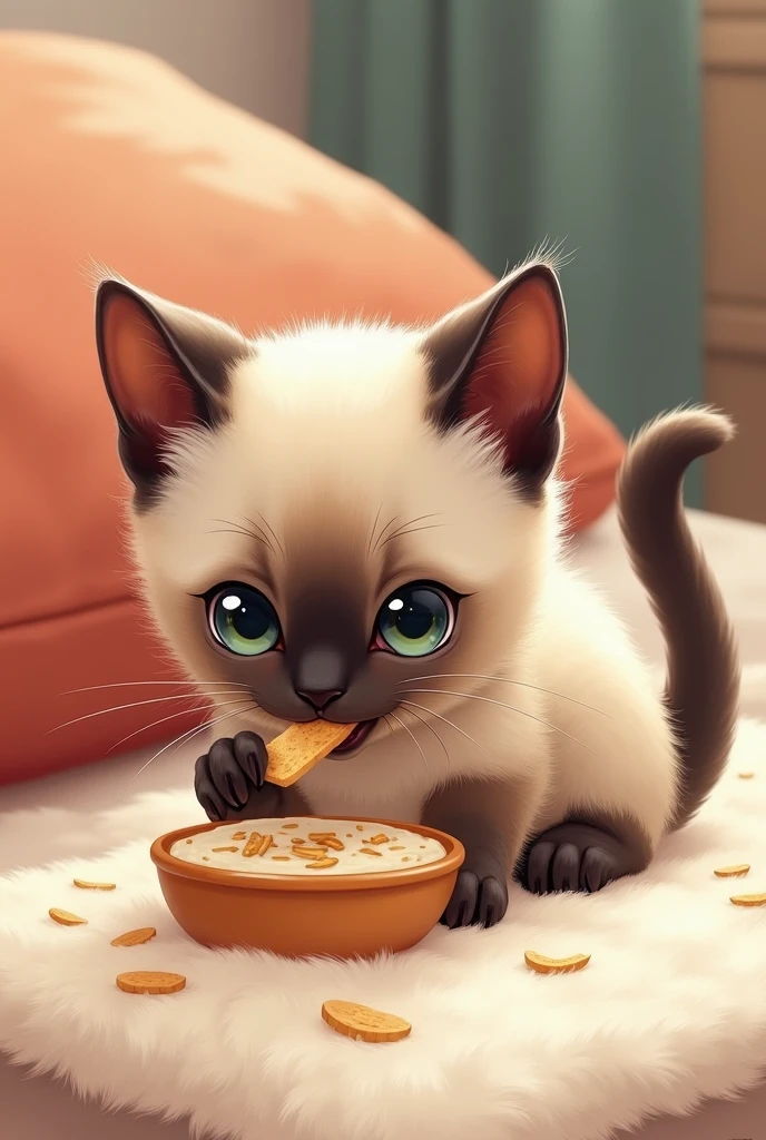 A cute Siamese kitten drawn eating food using her mouth without her hands