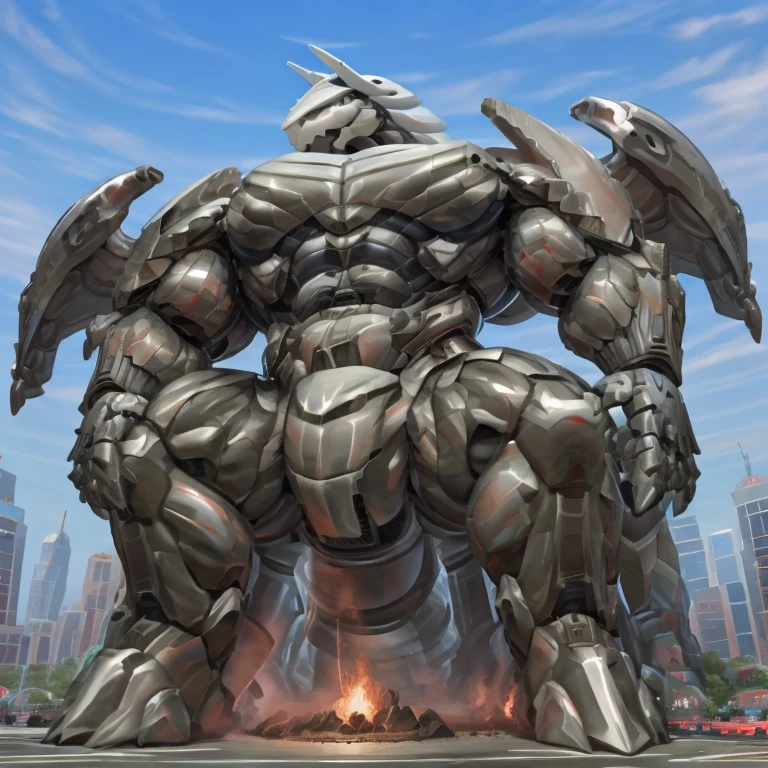 (GIANT mechanical Aggron rampage through a city, crushing buildings beneath their unstoppable metal frames), (official art, 
best quality, highly detailed) (terrifying and imposing design, 
smoke and flames rising from the destruction in the background, a lone figure)
(high-tech bio-mecha armor, metallic, real texture material) (Aggron, 8K), (gigantic muscles, Gigachad Muscular, big muscle, pecs, triceps, traps, unusually developed muscular body, body full of huge muscles. showing off muscles, pectorales enormes, Exaggeratedly huge muscles.),(Spread wings, It has wings, have big wings, golden wings), (whole body shines like metal, Wearing cyberpunk mecha, emphasizes the muscles, suit fully made of metal, intricate armor, Robotic suit, suit fully made of metal, cyborg), (giant Aggron, Aggron's giant robot, Powered exoskeleton with the same design as Aggron), (Masterpiece, highres) (Detailed head, Detailed Body, Detailed abs, full body), (black color hyper penis, hyper black penis), Fight against humanity.(body promoted, seen interacting with its surroundings, as large as a building, in the middle of a city, macro, (Low-angle perspective, emphasizing the immense size))