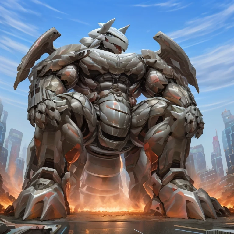 (GIANT mechanical Aggron rampage through a city, crushing buildings beneath their unstoppable metal frames), (official art, 
best quality, highly detailed) (terrifying and imposing design, 
smoke and flames rising from the destruction in the background, a lone figure)
(high-tech bio-mecha armor, metallic, real texture material) (Aggron, 8K), (gigantic muscles, Gigachad Muscular, big muscle, pecs, triceps, traps, unusually developed muscular body, body full of huge muscles. showing off muscles, pectorales enormes, Exaggeratedly huge muscles.),(Spread wings, It has wings, have big wings, golden wings), (whole body shines like metal, Wearing cyberpunk mecha, emphasizes the muscles, suit fully made of metal, intricate armor, Robotic suit, suit fully made of metal, cyborg), (giant Aggron, Aggron's giant robot, Powered exoskeleton with the same design as Aggron), (Masterpiece, highres) (Detailed head, Detailed Body, Detailed abs, full body), (black color hyper penis, hyper black penis), Fight against humanity.(body promoted, seen interacting with its surroundings, as large as a building, in the middle of a city, macro, (Low-angle perspective, emphasizing the immense size))