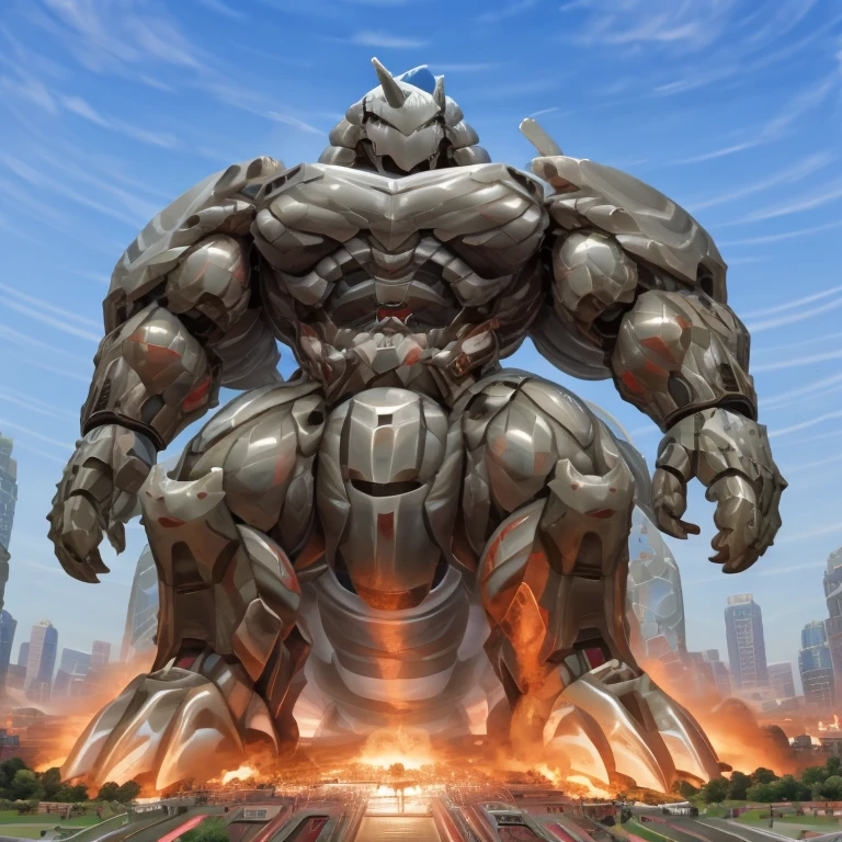 (GIANT mechanical Aggron rampage through a city, crushing buildings beneath their unstoppable metal frames), (official art, 
best quality, highly detailed) (terrifying and imposing design, 
smoke and flames rising from the destruction in the background, a lone figure)
(high-tech bio-mecha armor, metallic, real texture material) (Aggron, 8K), (gigantic muscles, Gigachad Muscular, big muscle, pecs, triceps, traps, unusually developed muscular body, body full of huge muscles. showing off muscles, pectorales enormes, Exaggeratedly huge muscles.),(Spread wings, It has wings, have big wings, golden wings), (whole body shines like metal, Wearing cyberpunk mecha, emphasizes the muscles, suit fully made of metal, intricate armor, Robotic suit, suit fully made of metal, cyborg), (giant Aggron, Aggron's giant robot, Powered exoskeleton with the same design as Aggron), (Masterpiece, highres) (Detailed head, Detailed Body, Detailed abs, full body), (black color hyper penis, hyper black penis), Fight against humanity.(body promoted, seen interacting with its surroundings, as large as a building, in the middle of a city, macro, (Low-angle perspective, emphasizing the immense size))