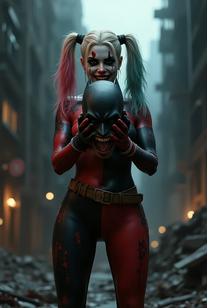an grey alien monster vampire, wearing a meat dress, angry screaming happy sad crying, in a candy street, lots of insect people looking at her, 8k
