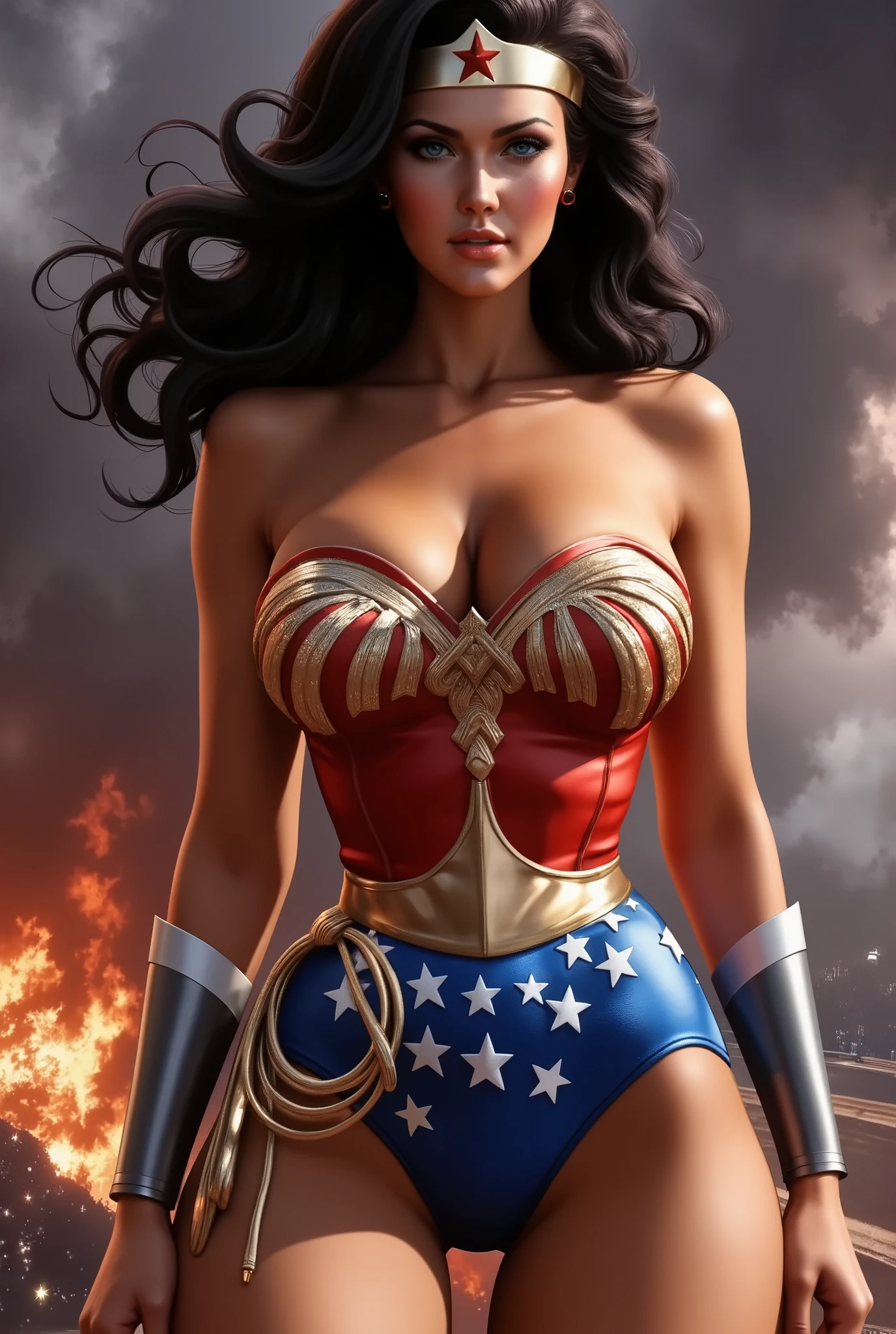 a gorgeous Wonder woman in a tight red and blue costume, long dark hair, beautiful detailed eyes, striking facial features, muscular athletic physique, confident powerful posture, in an epic action pose, dynamic lighting, cinematic dramatic scene, digital painting, intricate detailed rendering, hyper realistic, 8k, vibrant colors, dramatic shadows, cinematic lighting, heroic, powerful, awe-inspiring