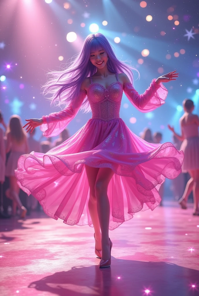 Busty chubby girl with long wavy purple and pink hair, hazel eyes and a fantastic iridescent holographic glitter rainbow night gown, dynamic pose, on a catwalk