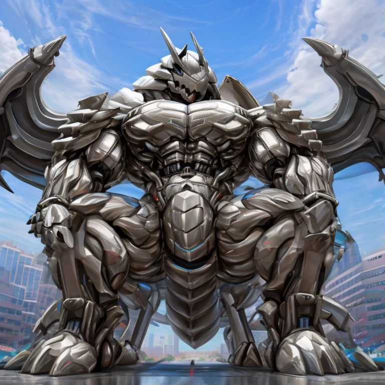 (GIANT mechanical Aggron rampage through a city, crushing buildings beneath their unstoppable metal frames), (official art, 
best quality, highly detailed) (terrifying and imposing design, 
smoke and flames rising from the destruction in the background, a lone figure)
(high-tech bio-mecha armor, metallic, real texture material) (Aggron, 8K), (gigantic muscles, Gigachad Muscular, big muscle, pecs, triceps, traps, unusually developed muscular body, body full of huge muscles. showing off muscles, pectorales enormes, Exaggeratedly huge muscles.),(Spread wings, It has wings, have big wings, golden wings), (whole body shines like metal, Wearing cyberpunk mecha, emphasizes the muscles, suit fully made of metal, intricate armor, Robotic suit, suit fully made of metal, cyborg), (giant Aggron, Aggron's giant robot, Powered exoskeleton with the same design as Aggron), (Masterpiece, highres) (Detailed head, Detailed Body, Detailed abs, full body), (black color hyper penis, hyper black penis), Fight against humanity.(body promoted, seen interacting with its surroundings, as large as a building, in the middle of a city, macro, (Low-angle perspective, emphasizing the immense size))