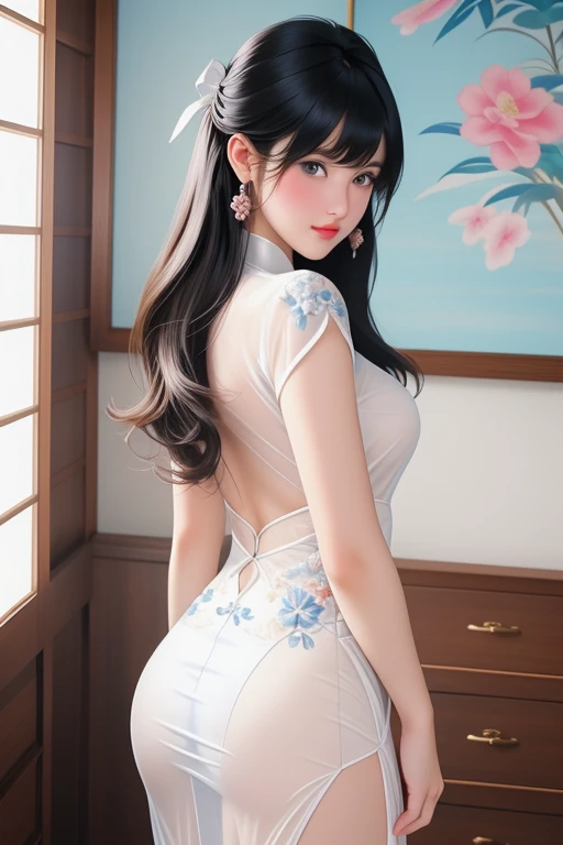 1girl 15years old,anime girl, bangs,standing,cowboy shot,dynamic angle BREAK (closed mouth), black hair, blue eyes,white pantie, blurry, blurry background, blush, bottomless, breasts, closed mouth,no bra, cum, dutch angle, erection, hair between eyes, hair ribbon, hetero, indoors, jewelry, long hair, looking at viewer,(tight see through Chinese dress with floral embroidery) see through deep blue dress, mature female, /(black hair/) bangs, (masterpiece best quality:1.2) delicate illustration ultra-detailed, small breasts , outdoors, detailed back ground,white pantie,panty line,standing,turn back,full body,side view,bent butt,sexy,