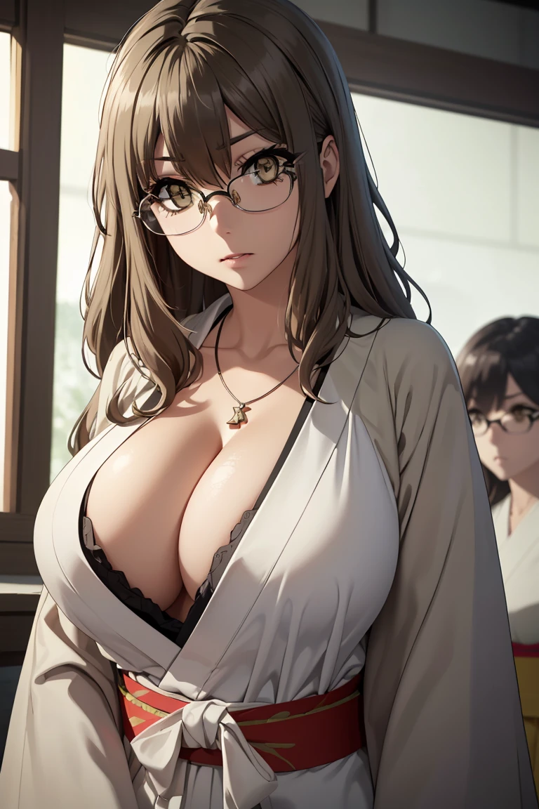 Riofutaba, Rio Futaba, black-framed eyewear, (brown eyes:1.7), glasses, (grey hair:1.2), hair between eyes, over-rim eyewear, semi-rimless eyewear, long hair, sidelocks, 
BREAK (long sleeves, cleavage, huge breast, gigantic breast, jewelry, japanese clothes, kimono, necklace, black kimono, hakama, black hakama, sash, white sash:1.2),
BREAK angry looking face、Shyness、up chest、solo,、breastsout(camel's toe)、highleg,
BREAK (masterpiece:1.2), best quality, high resolution, unity 8k wallpaper, (illustration:0.8), (beautiful detailed eyes:1.6), extremely detailed face, perfect lighting, extremely detailed CG, (perfect hands, perfect anatomy),