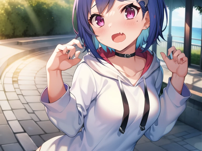 (masterpiece), (best quality),  1girl, solo, fang, blue hair, skin fang, short hair, hair behind ear, purple eyes, white hoodie, hood, no pants, long sleeves, choker, hair ornament, medium breasts, mole on thigh, outdoors, blush, embarrassed, light from behind, dynamic pose