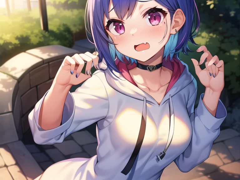 (masterpiece), (best quality),  1girl, solo, fang, blue hair, skin fang, short hair, hair behind ear, purple eyes, white hoodie, hood, no pants, long sleeves, choker, hair ornament, medium breasts, mole on thigh, outdoors, blush, embarrassed, light from behind, dynamic pose