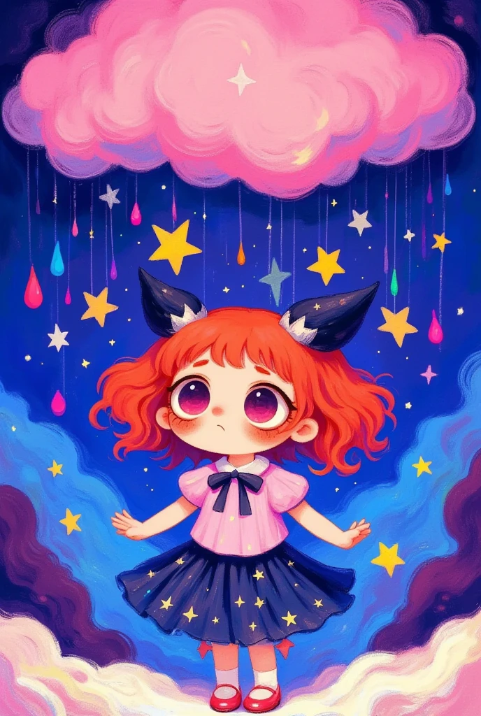 A cute  with red hair stands under the pink cloud, which is raining stars on her head. The background of the starry sky has colorful raindrops hanging from the clouds and stars, creating an atmosphere full of fairy tales. This illustration style features bright colors and soft lines, creating a dreamy feeling. It uses cartoon characters to highlight children's innocence and whimsy.