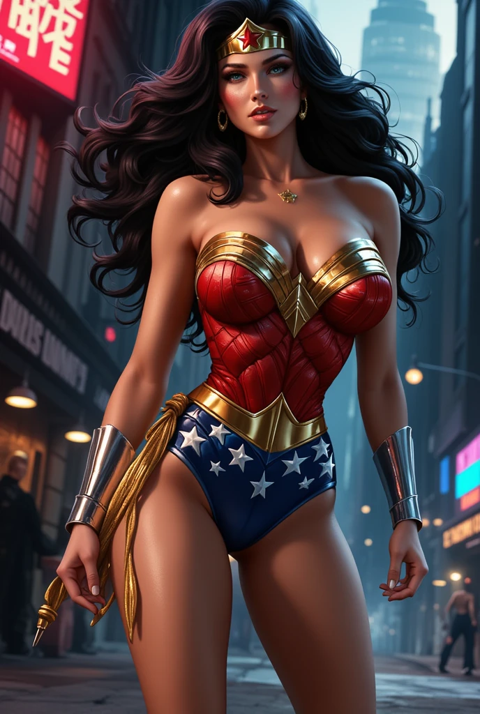 a gorgeous Wonder woman in a tight red and blue costume, long dark hair, beautiful detailed eyes, striking facial features, muscular athletic physique, confident powerful posture, in an epic action pose, dynamic lighting, cinematic dramatic scene, digital painting, intricate detailed rendering, hyper realistic, 8k, vibrant colors, dramatic shadows, cinematic lighting, heroic, powerful, awe-inspiring