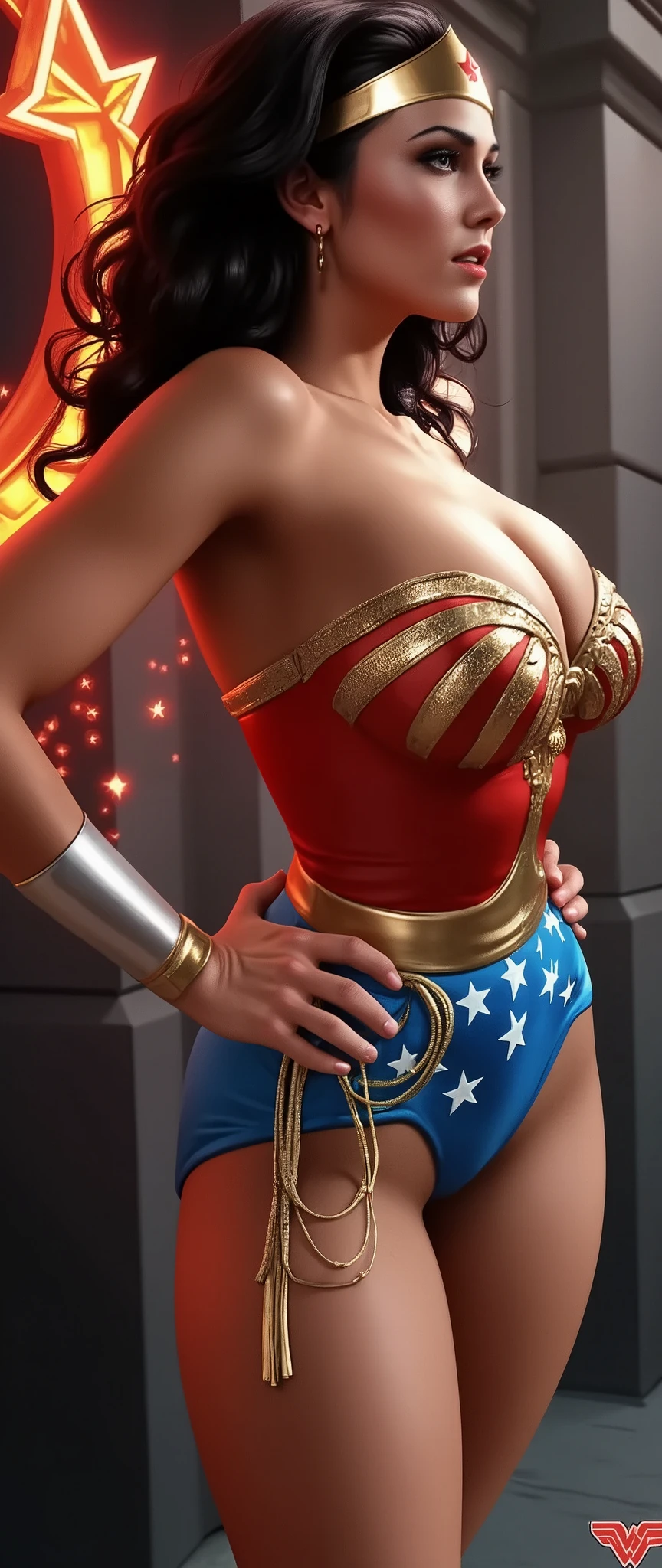 a gorgeous Wonder woman in a tight red and blue costume, long dark hair, beautiful detailed eyes, striking facial features, muscular athletic physique, confident powerful posture, in an epic action pose, dynamic lighting, cinematic dramatic scene, digital painting, intricate detailed rendering, hyper realistic, 8k, vibrant colors, dramatic shadows, cinematic lighting, heroic, powerful, awe-inspiring