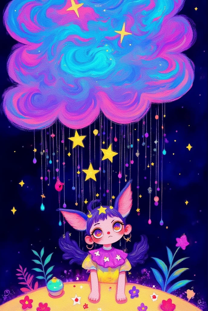 A whimsical illustration of an oversized, colorful cloud with raindrops made up of stars and flowers pouring down onto the ground below. The background is a dark purple night sky. This artwork should have a dreamy quality, resembling hand-drawn or watercolor art. It's a playful scene that evokes feelings of wonder and magic.