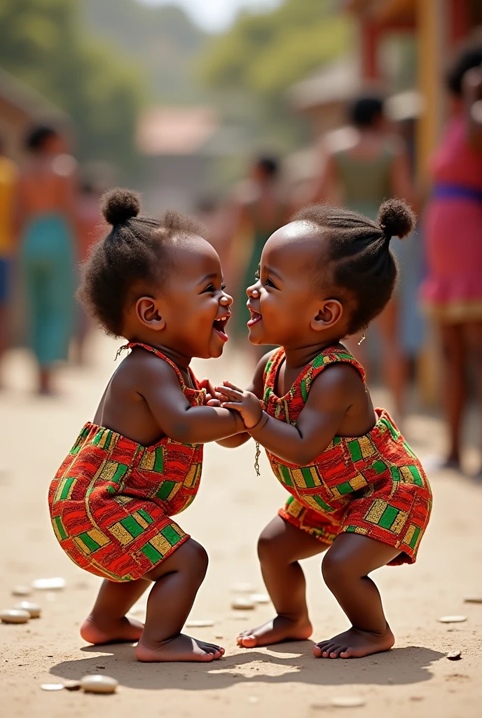 African , twin, with hot pink pacifier, Erê de umbanda, very curly and low hair, cute african kid, detailed pacifier, a dress with blue and green colors and one dressed in red, Orange and Pink