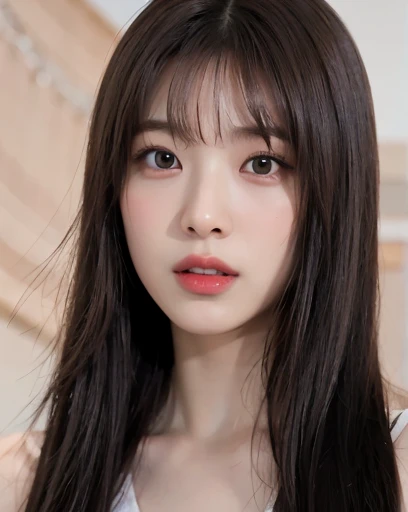 1girl,  (8k, best quality, masterpiece), utra realistic, ultra-detailed, Medium length hair, dark brown hair, modern background and clean, korean girl, beautiful girl, detailed teeth, detailed eyes, natural skin texture, glossy lips, cherry lips colored, round eyes, double eyelid, youthful face, straight bangs, brown eyes, brown hair, utra realistic, casual chic clothing, perfect nose, small nose, fine nose, rounded eyes, delicate face, normal expression 