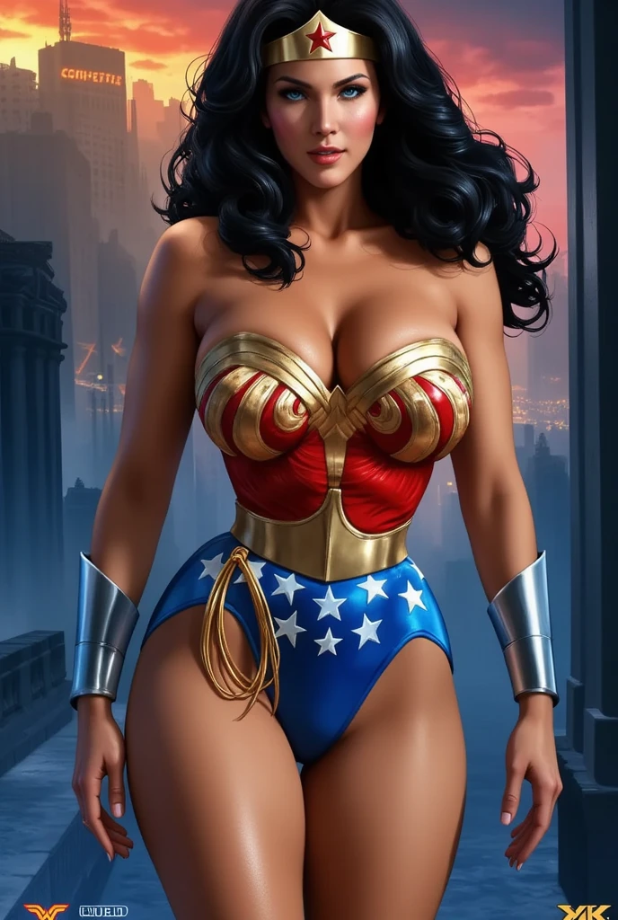 a gorgeous Wonder woman in a tight red and blue costume, long dark hair, beautiful detailed eyes, striking facial features, muscular athletic physique, confident powerful posture, in an epic action pose, dynamic lighting, cinematic dramatic scene, digital painting, intricate detailed rendering, hyper realistic, 8k, vibrant colors, dramatic shadows, cinematic lighting, heroic, powerful, awe-inspiring